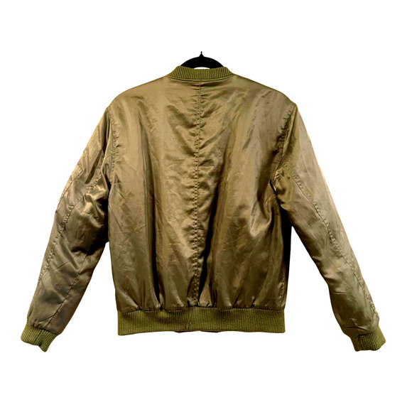 Forever 21 Glamorous Women's Satin Olive Green Bomber Jacket Oversized Small - Picture 2 of 6